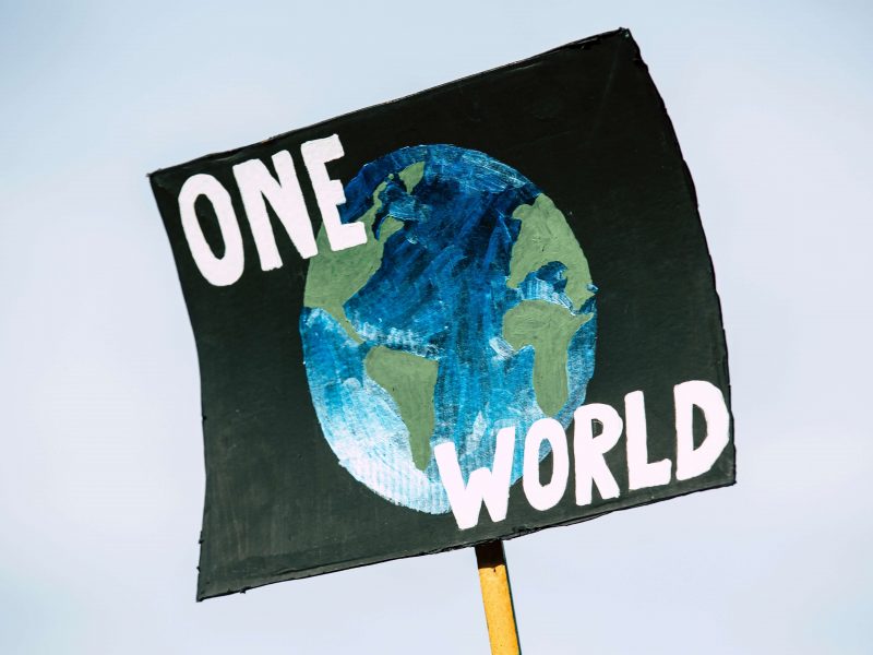 Image d'une pancarte de protestation brandie, sur laquelle on peut lire "One World" (un seul monde), représentant un appel à l'unité et à la solidarité mondiale face aux problèmes sociaux et politiques.